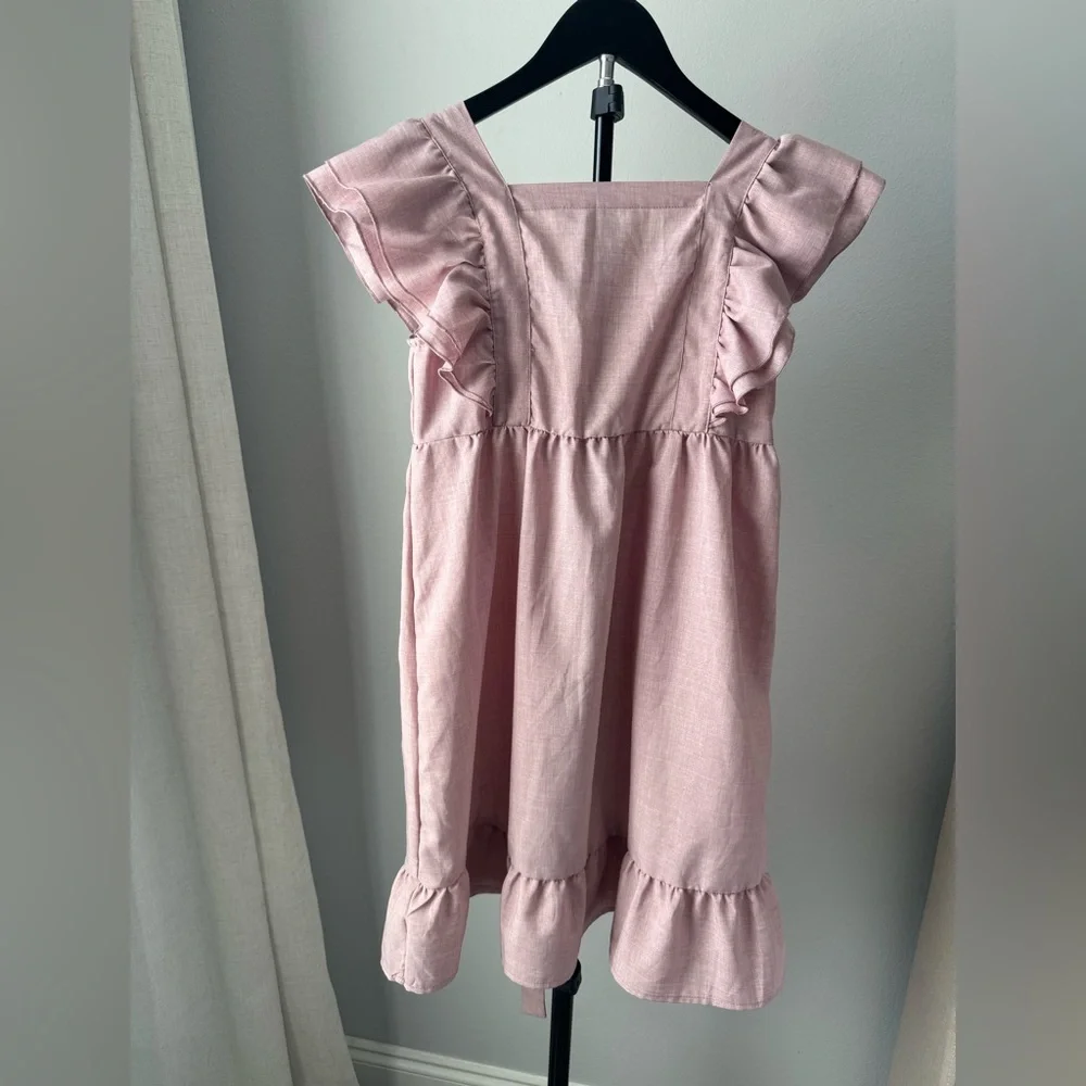 Pink Ruffled Kids Dress-Linen - Picture 2 of 6